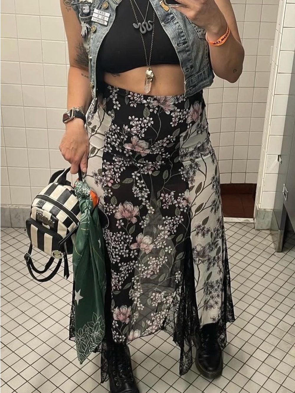 Dolls Kill Black & Cream Floral Asymmetrical Lace-Trim Skirt